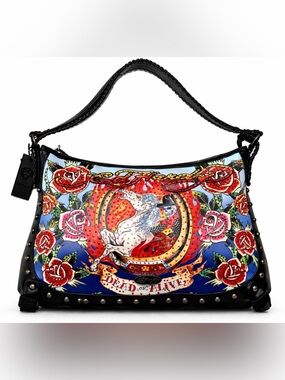 Ed Hardy Studded FLAMES Horse Skull Tattoo Dead or Alive Purse Lrg Hobo Bag NWT